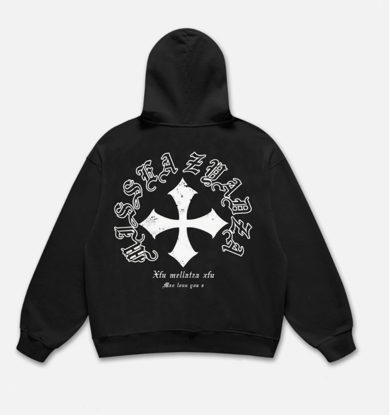 Men’s Gothic Cross Print Hoodie – Black Streetwear Oversized Pullover with Back Letter Design