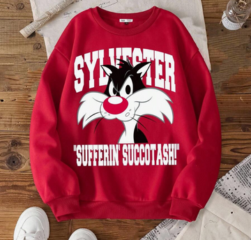 Women's Letter & Cartoon Graphic Crew Neck Long Sleeve Red Thermal Sweatshirt