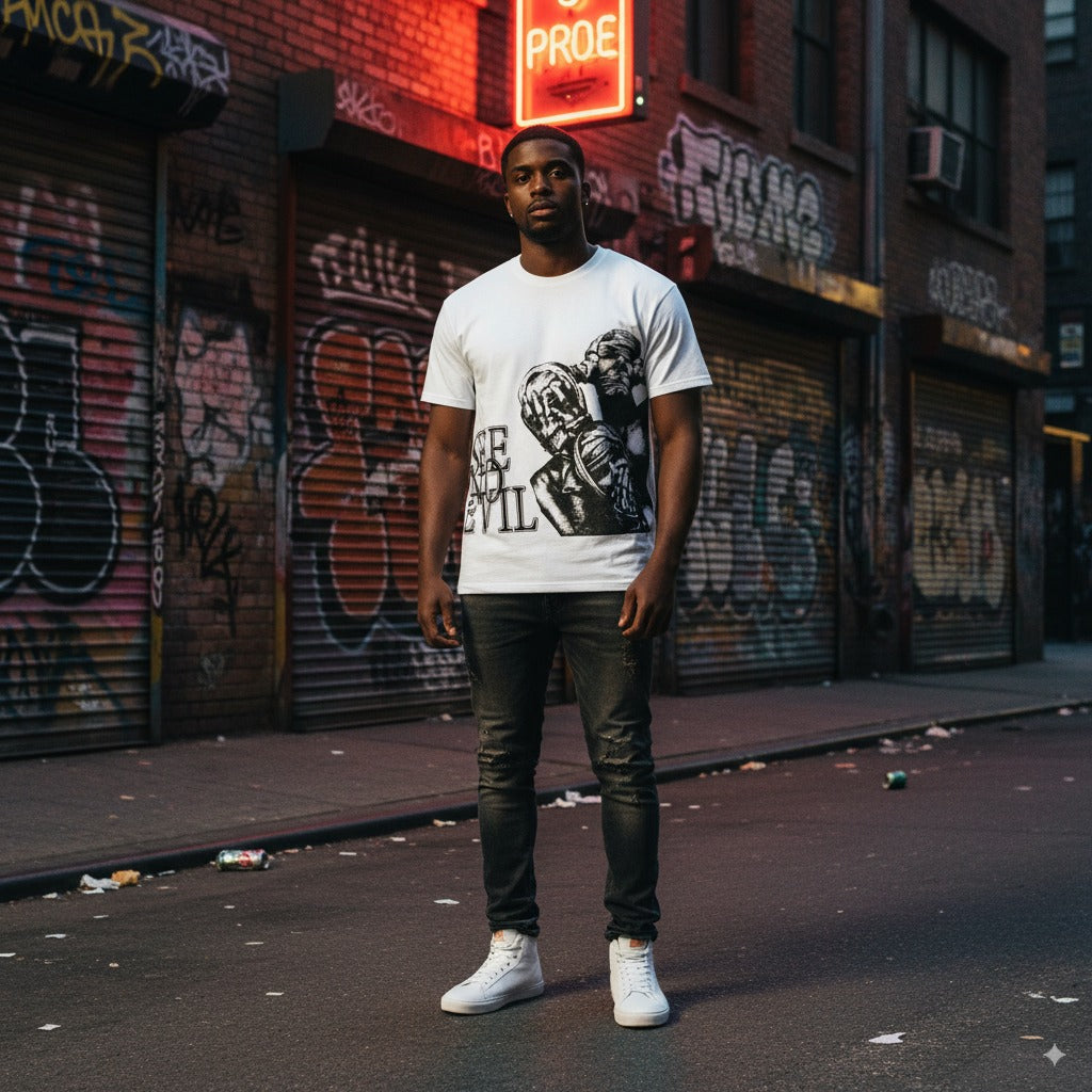 Y2K Streetwear Classic Fit Graphic T-Shirt – See No Evil Print for Men