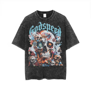 Vintage Washed Black Light Apricot Tee Tops Men Women Skeleton Print T-Shirt 100% Cotton T Shirt