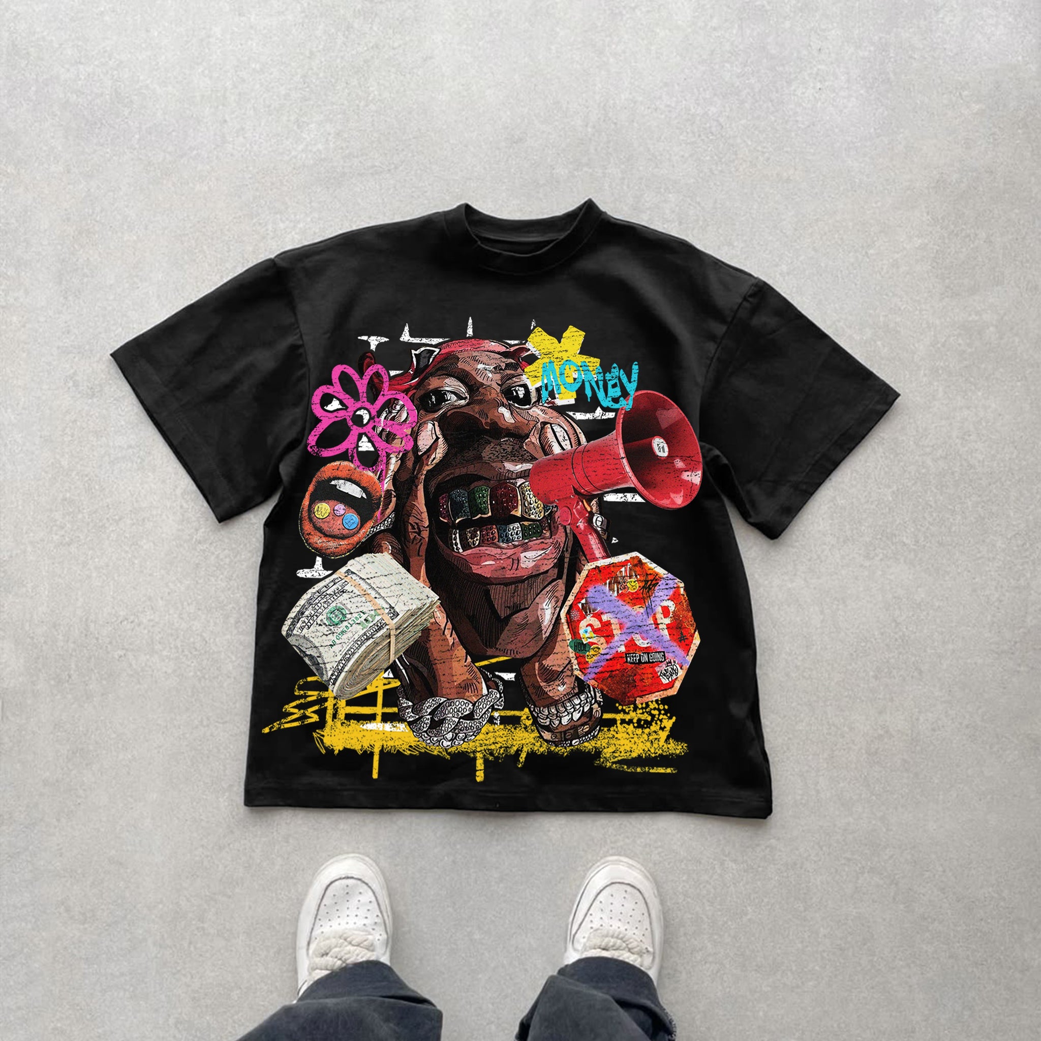 Hip Hop Streetwear Graphic T-Shirt – Urban Money Bulldog Print Tee for Men & Women