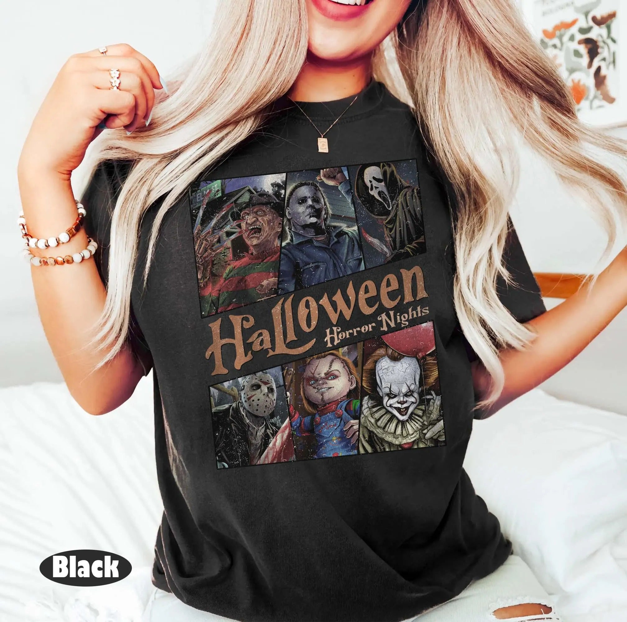 Halloween Horror Nights Villains Graphic Tee – Scary Movie Characters T-Shirt for Women & Men