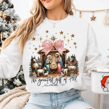 Christian Nativity Christmas Sweatshirt – The Greatest Gift of All Matthew 1:21 Pullover