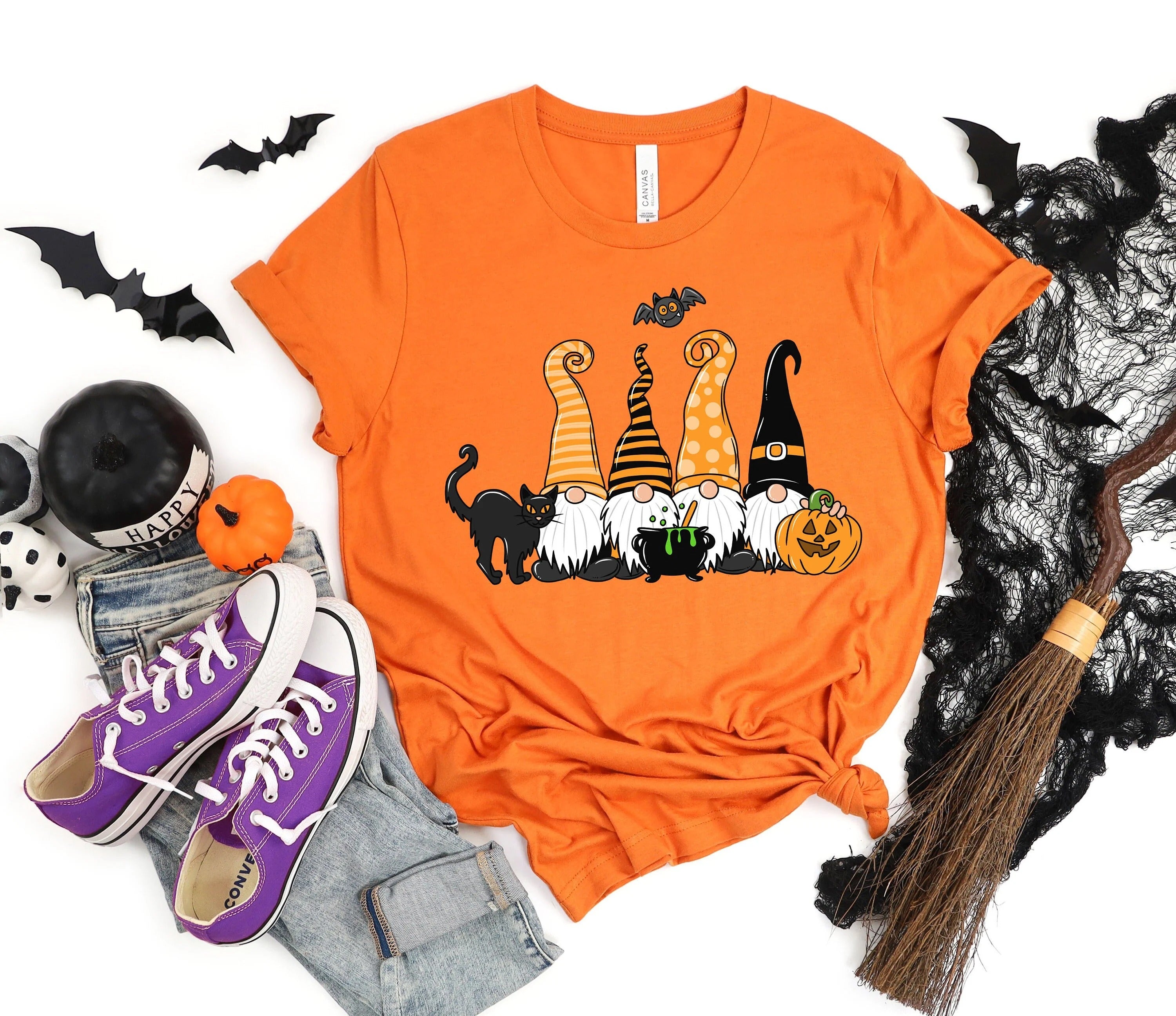 Halloween Gnome T-Shirt – Cute Pumpkin & Black Cat Graphic Tee