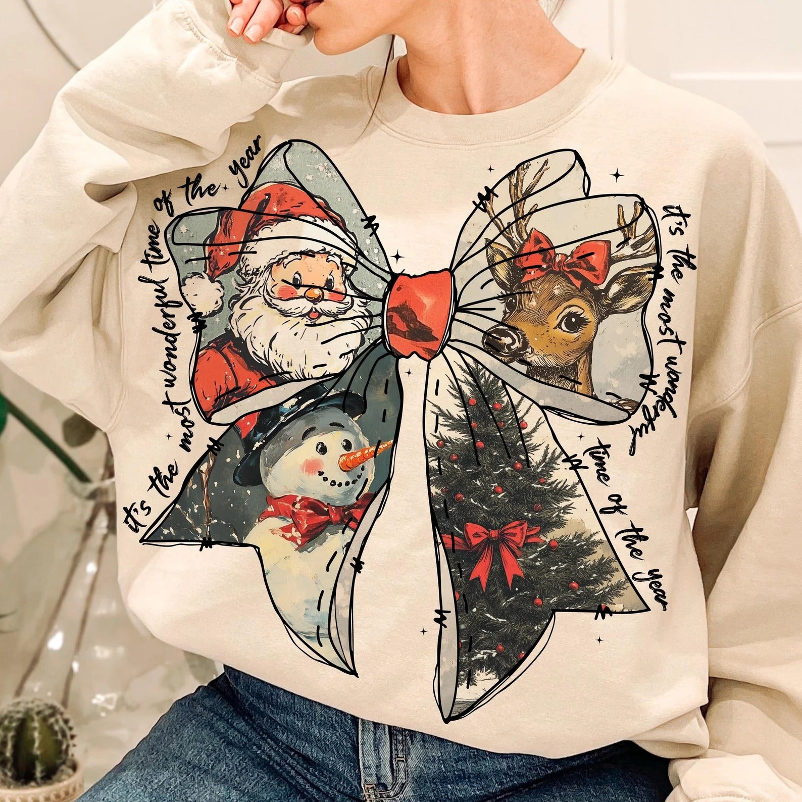 Vintage Christmas Bow Sweatshirt – Retro Holiday Graphic Pullover with Santa, Reindeer, Snowman & Tree