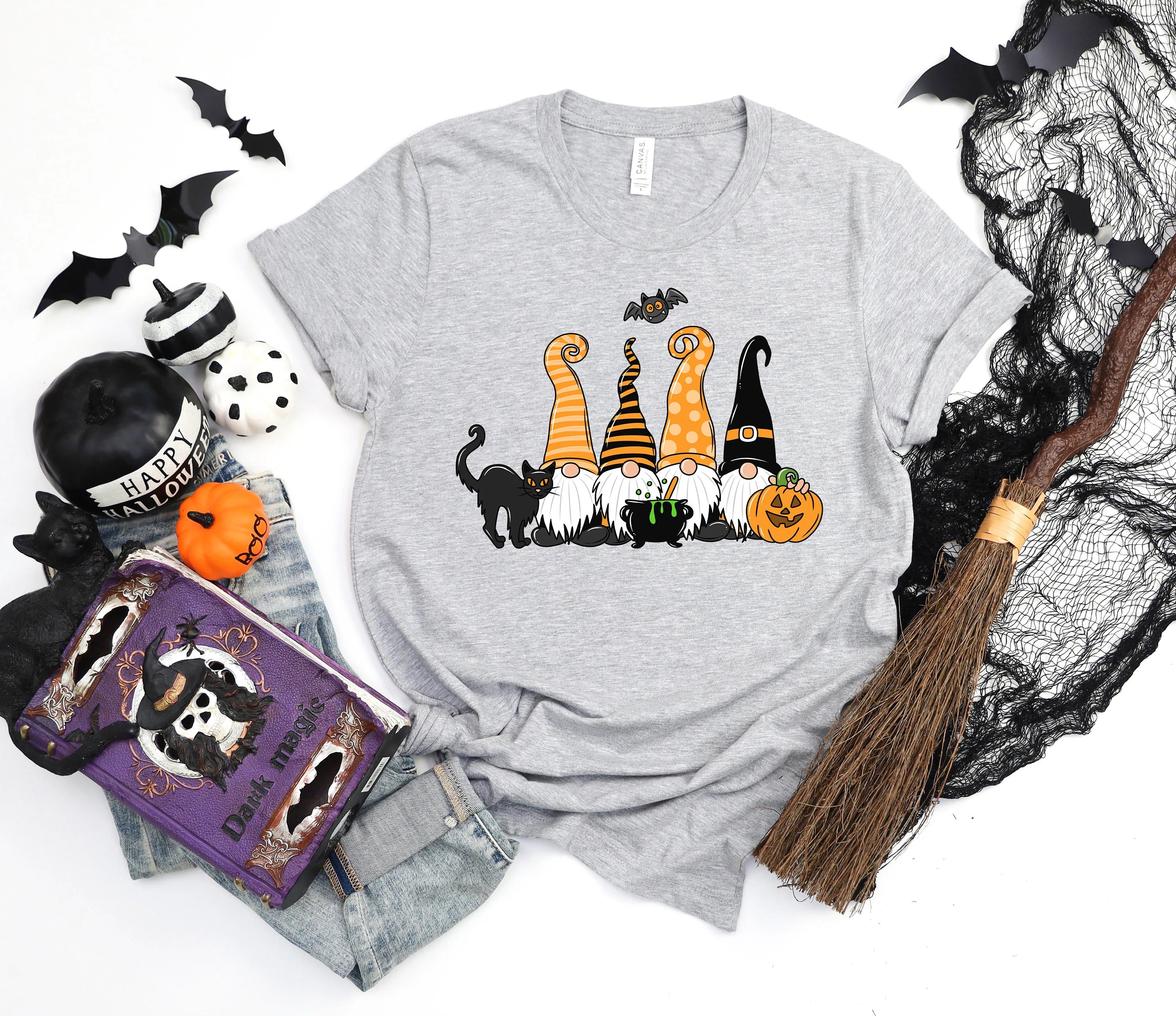 Halloween Gnome T-Shirt – Cute Pumpkin & Black Cat Graphic Tee
