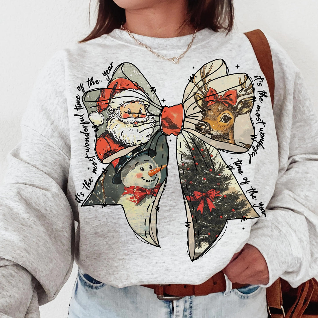 Vintage Christmas Bow Sweatshirt – Retro Holiday Graphic Pullover with Santa, Reindeer, Snowman & Tree