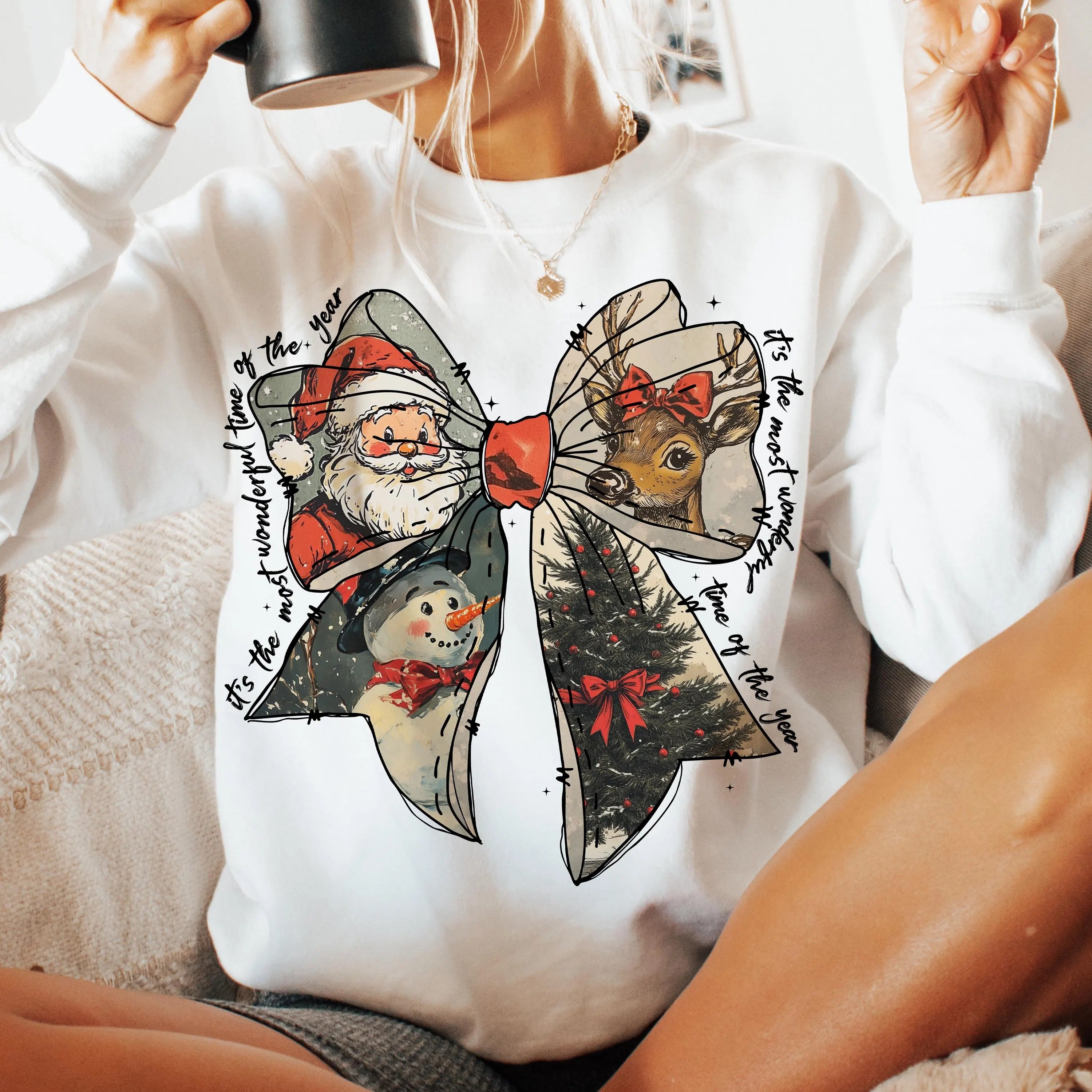 Vintage Christmas Bow Sweatshirt – Retro Holiday Graphic Pullover with Santa, Reindeer, Snowman & Tree