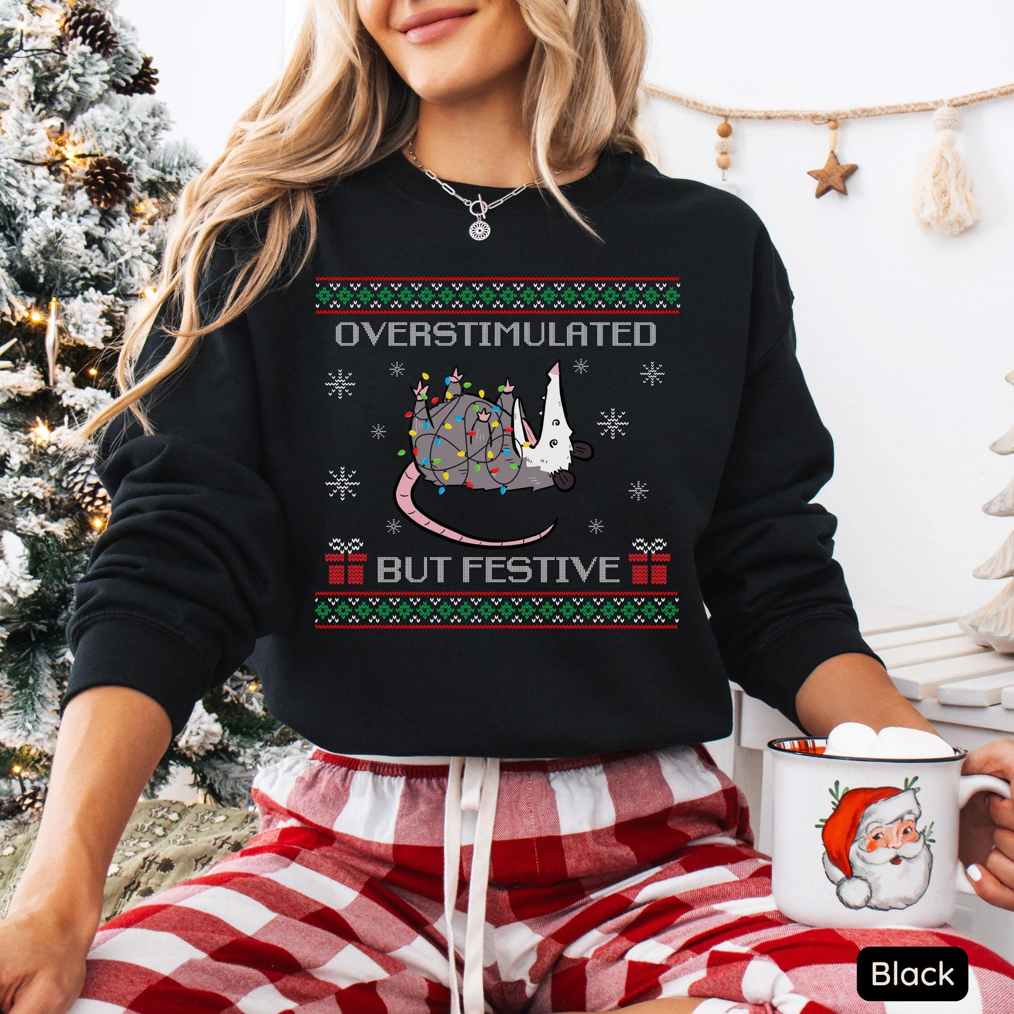 Overstimulated But Festive Christmas Sweatshirt – Funny Holiday Pullover with Cute Rat and String Lights