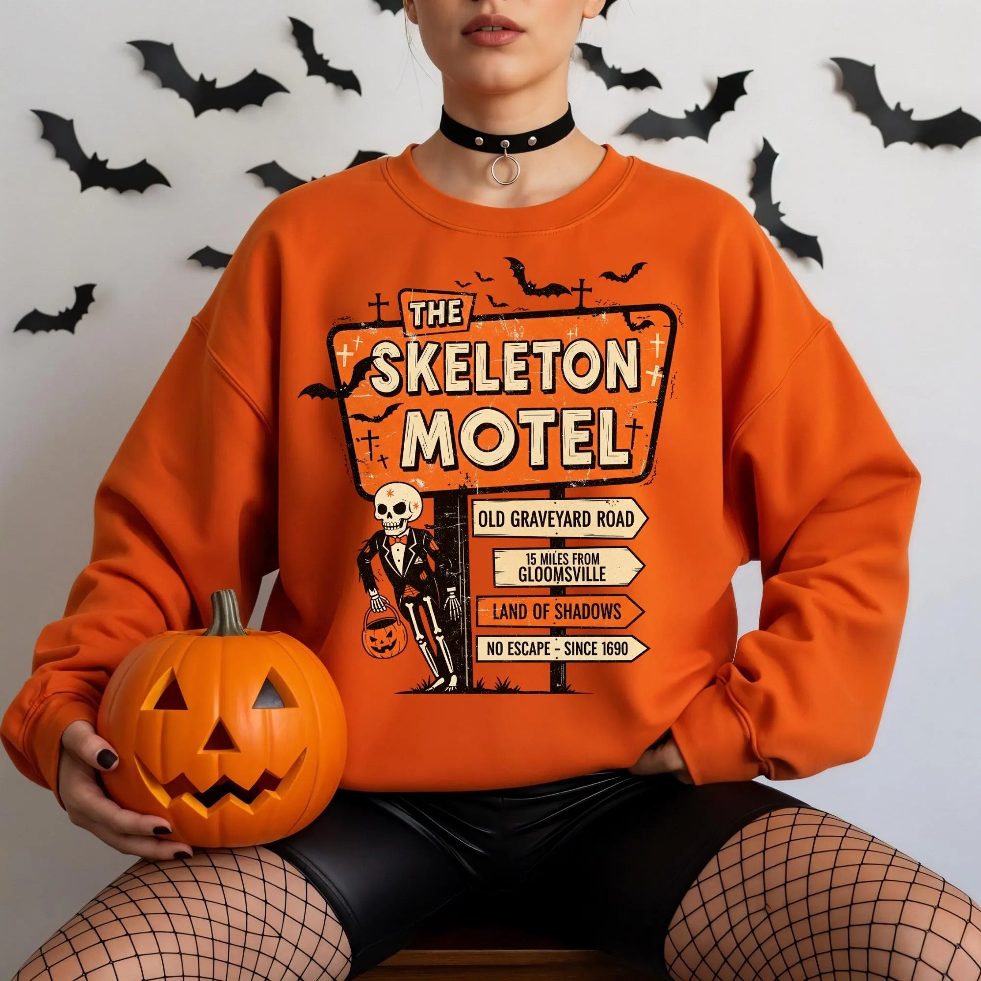 Skeleton Motel Halloween Sweatshirt – Vintage Spooky Graphic Pullover