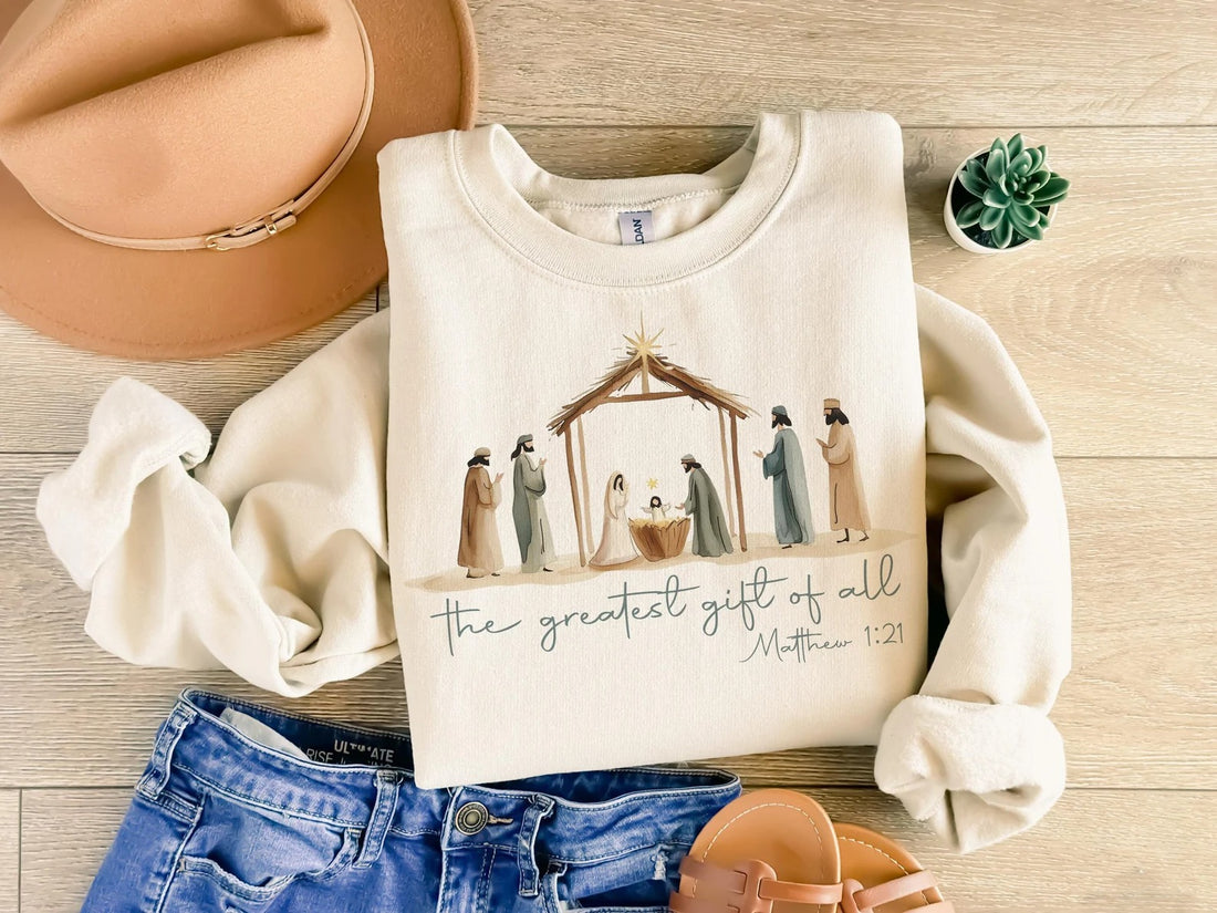 Christian Christmas Nativity Sweatshirt – The Greatest Gift of All, Matthew 1:21 Bible Verse Pullover