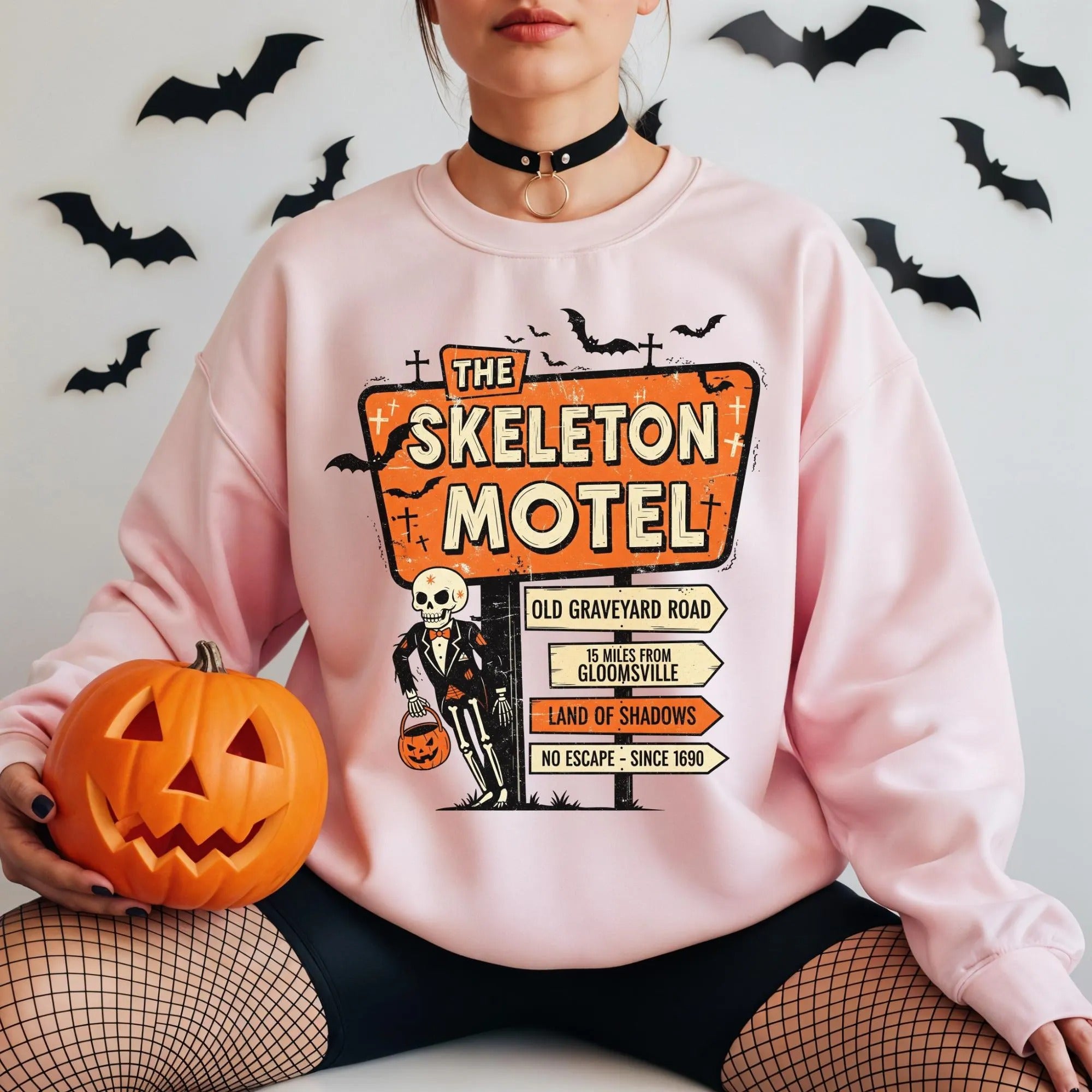 Skeleton Motel Halloween Sweatshirt – Vintage Spooky Graphic Pullover