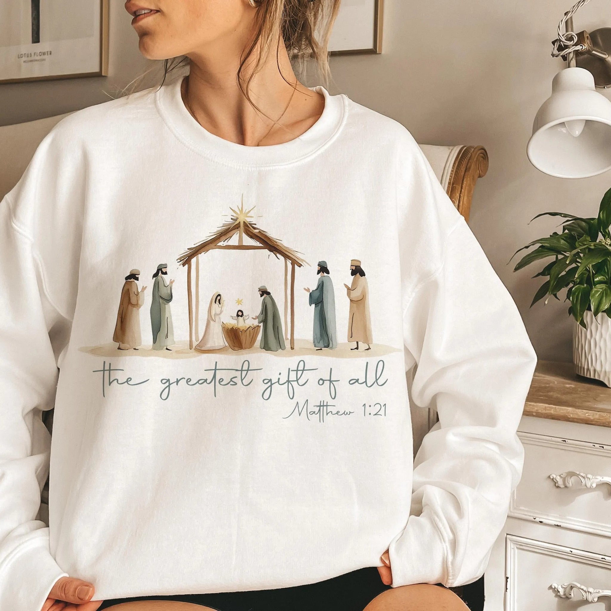Christian Christmas Nativity Sweatshirt – The Greatest Gift of All, Matthew 1:21 Bible Verse Pullover
