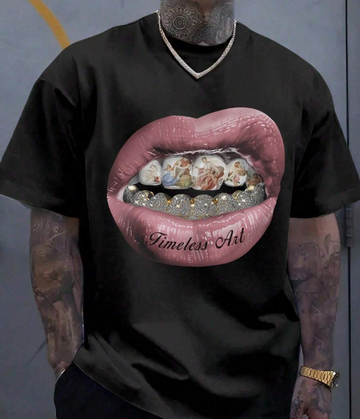 Timeless Art Lips Graphic Tee – Diamond Grill & Angel Print Black Unisex T-Shirt
