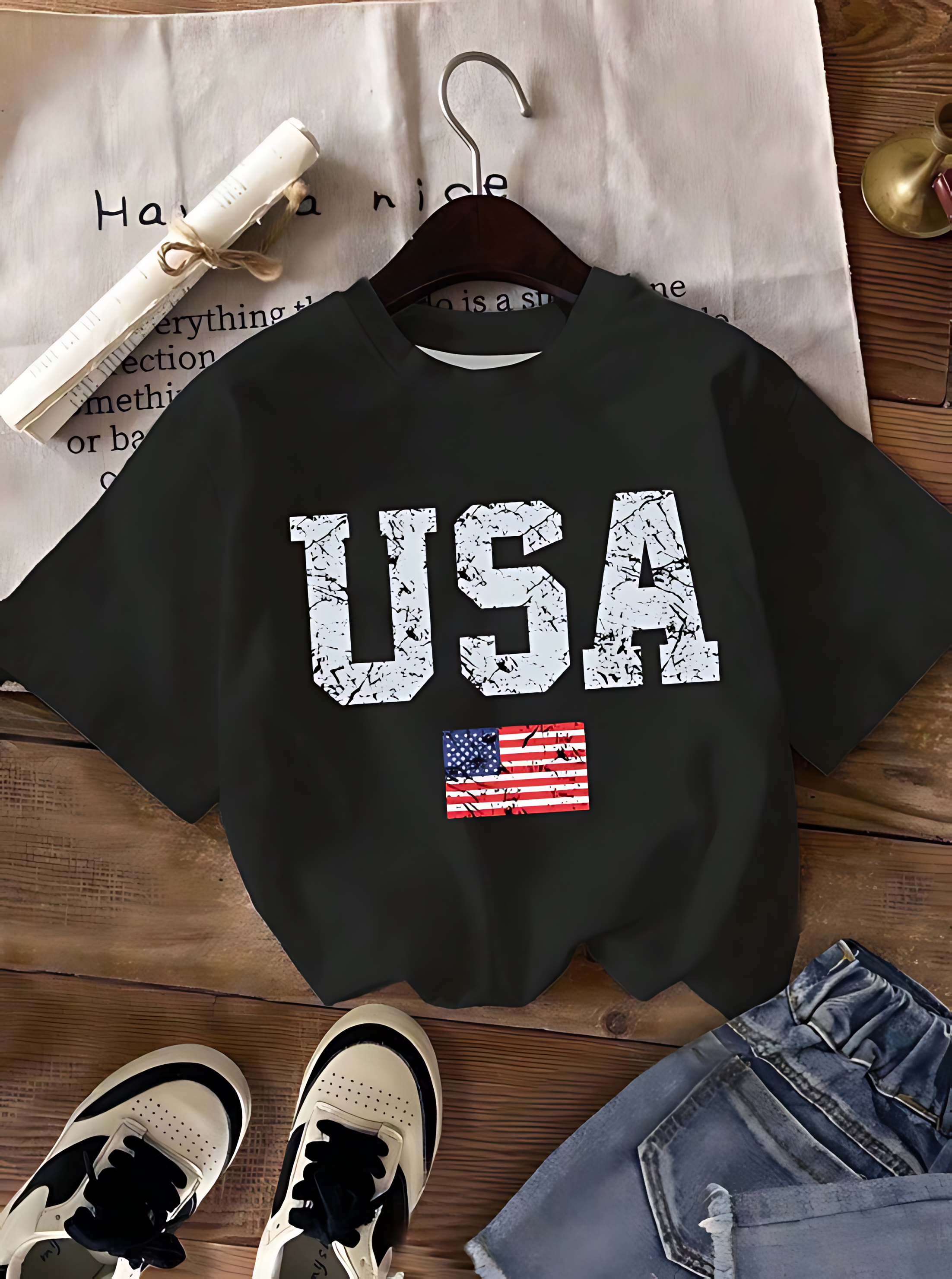 USA Flag Graphic Tee – Black Oversized Streetwear T-Shirt for Men & Women