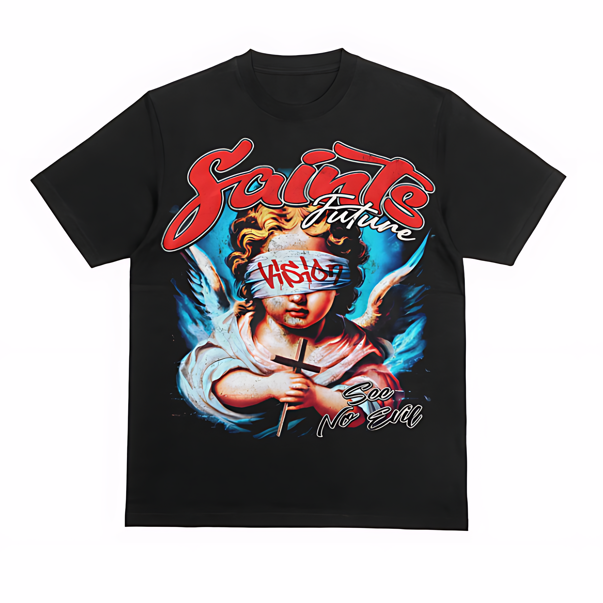Saints Vision Angel Graphic Tee – See No Evil Streetwear Oversized T-Shirt