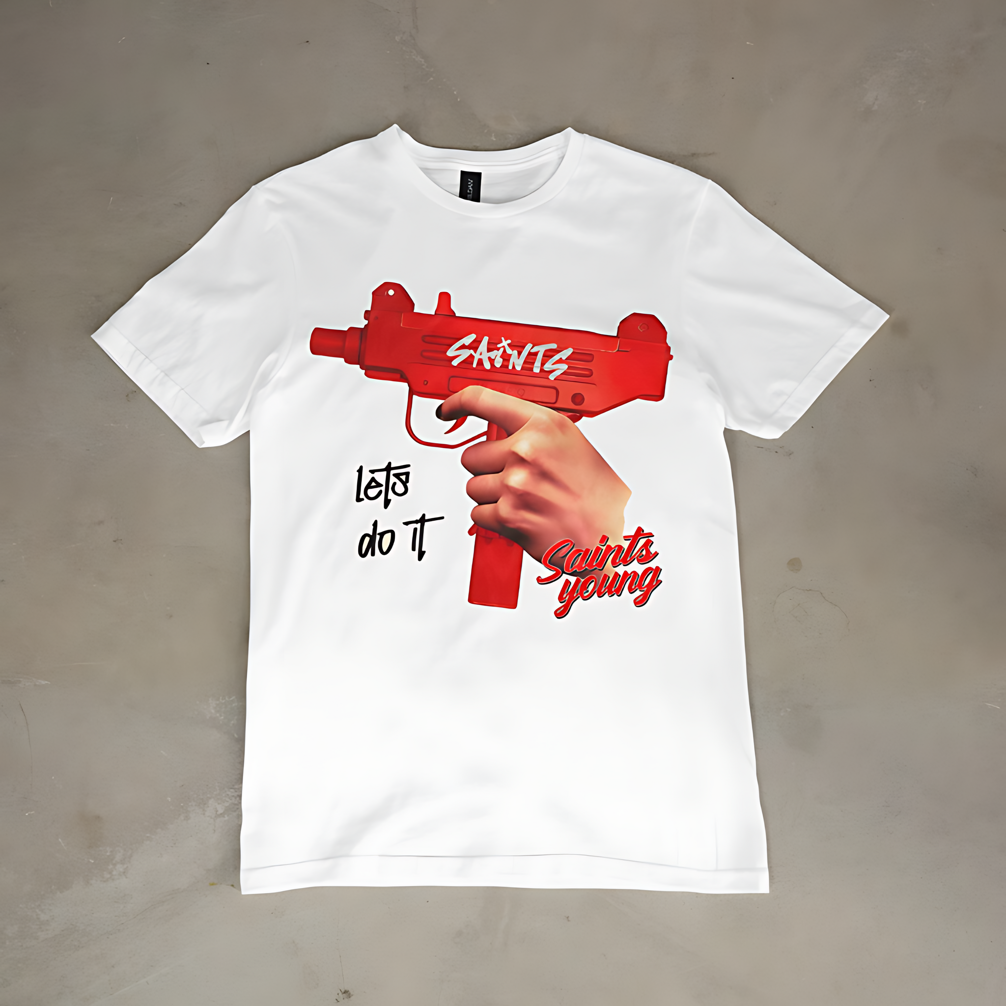 Saints Young Red Gun Graphic Tee – Let’s Do It Streetwear White Oversized T-Shirt