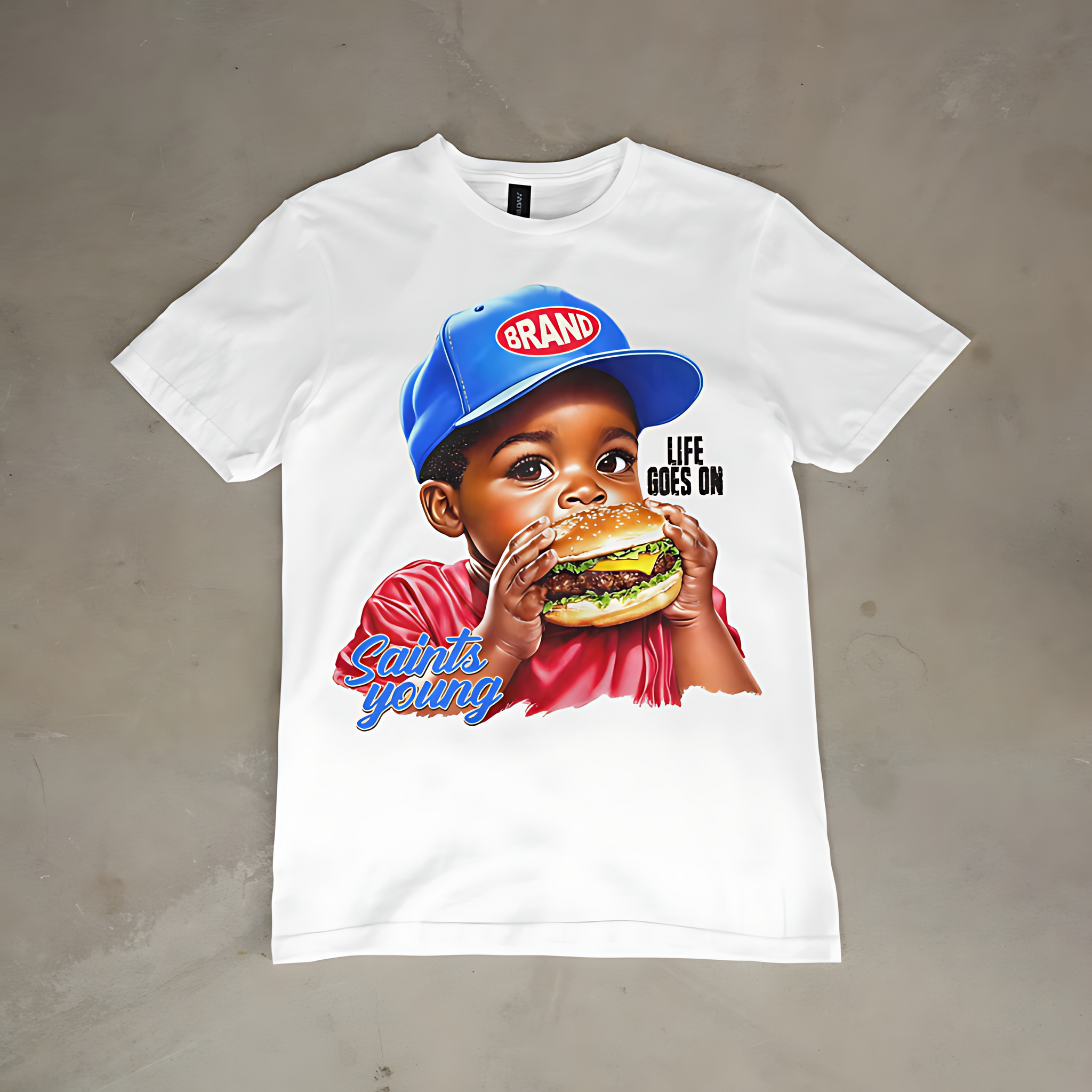 Saints Young Burger Graphic Tee – Retro Kid Streetwear White Unisex T-Shirt