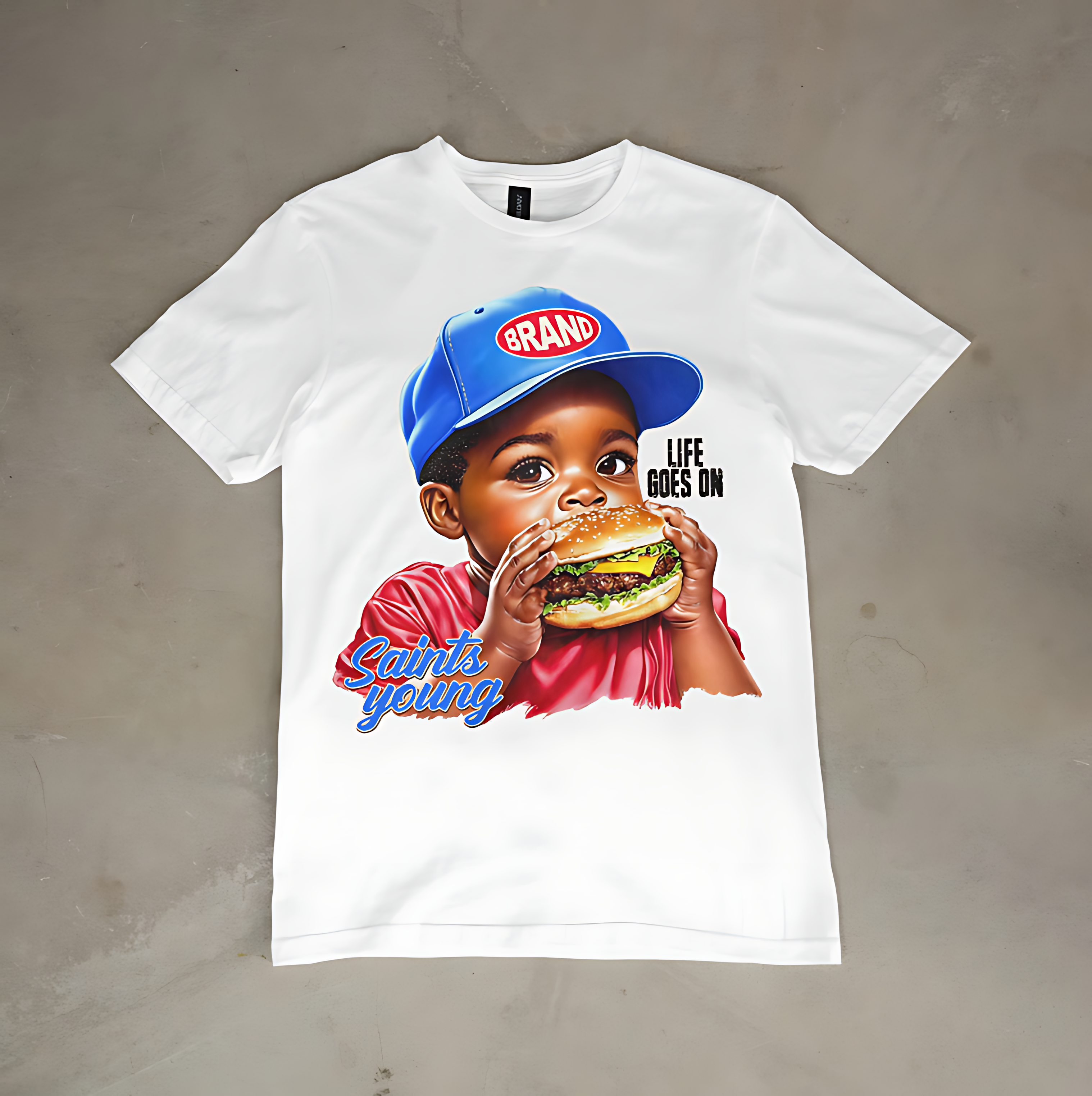 Saints Young Burger Graphic Tee – Retro Kid Streetwear White Unisex T-Shirt