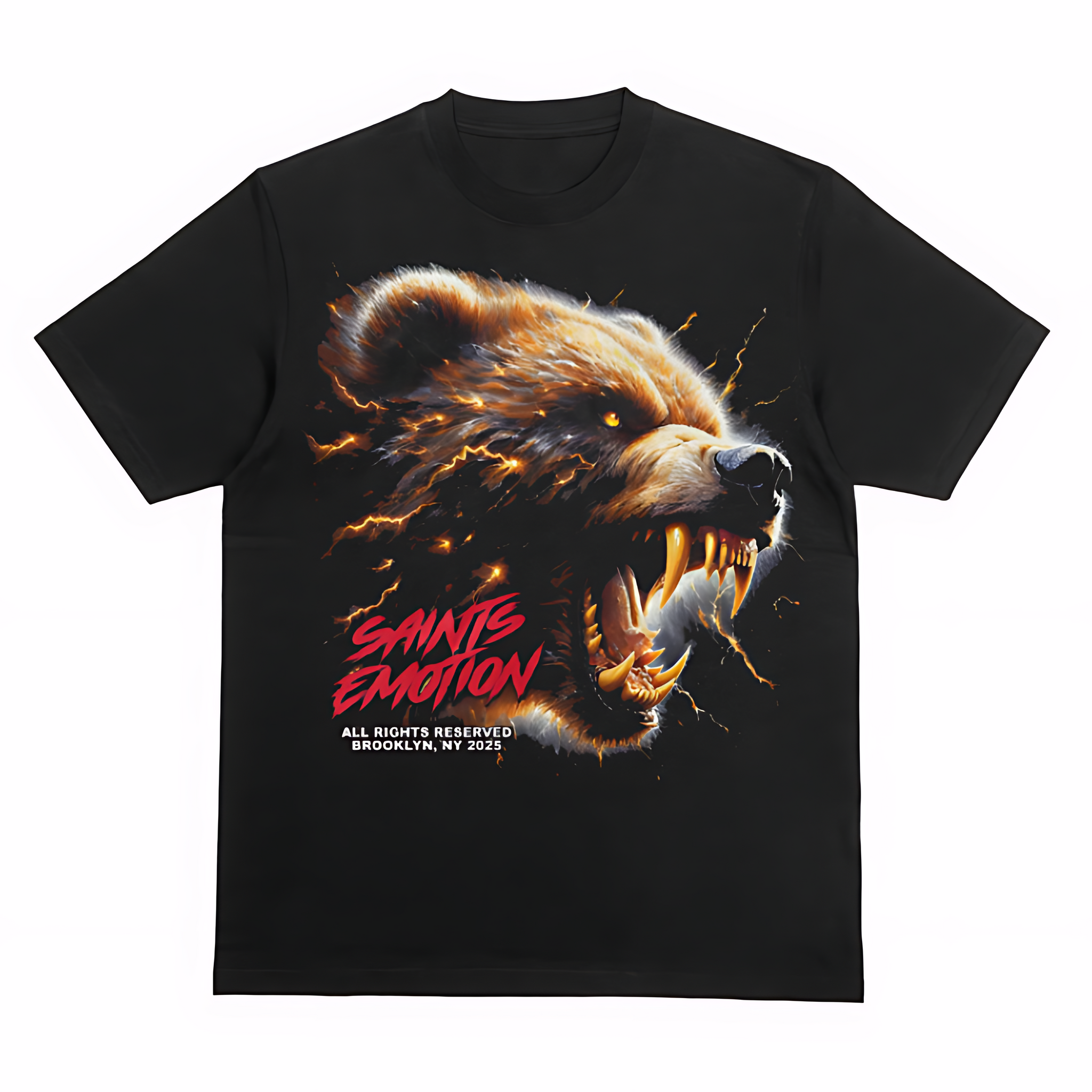 Saints Emotion Bear Graphic Tee – Fierce Animal Print Black Streetwear T-Shirt