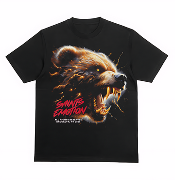 Saints Emotion Bear Graphic Tee – Fierce Animal Print Black Streetwear T-Shirt
