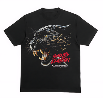 Saints Emotion Panther Graphic Tee – Fierce Black Leopard Streetwear T-Shirt