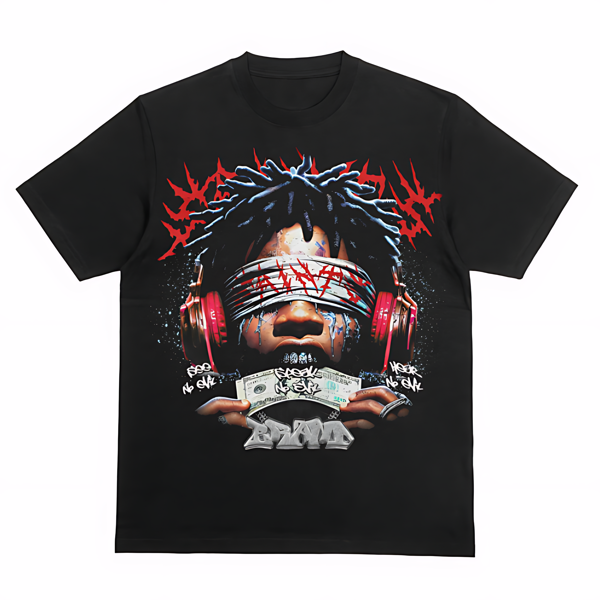 Saints Vision Graffiti Tee – Blindfold Rap Graphic Black Streetwear T-Shirt