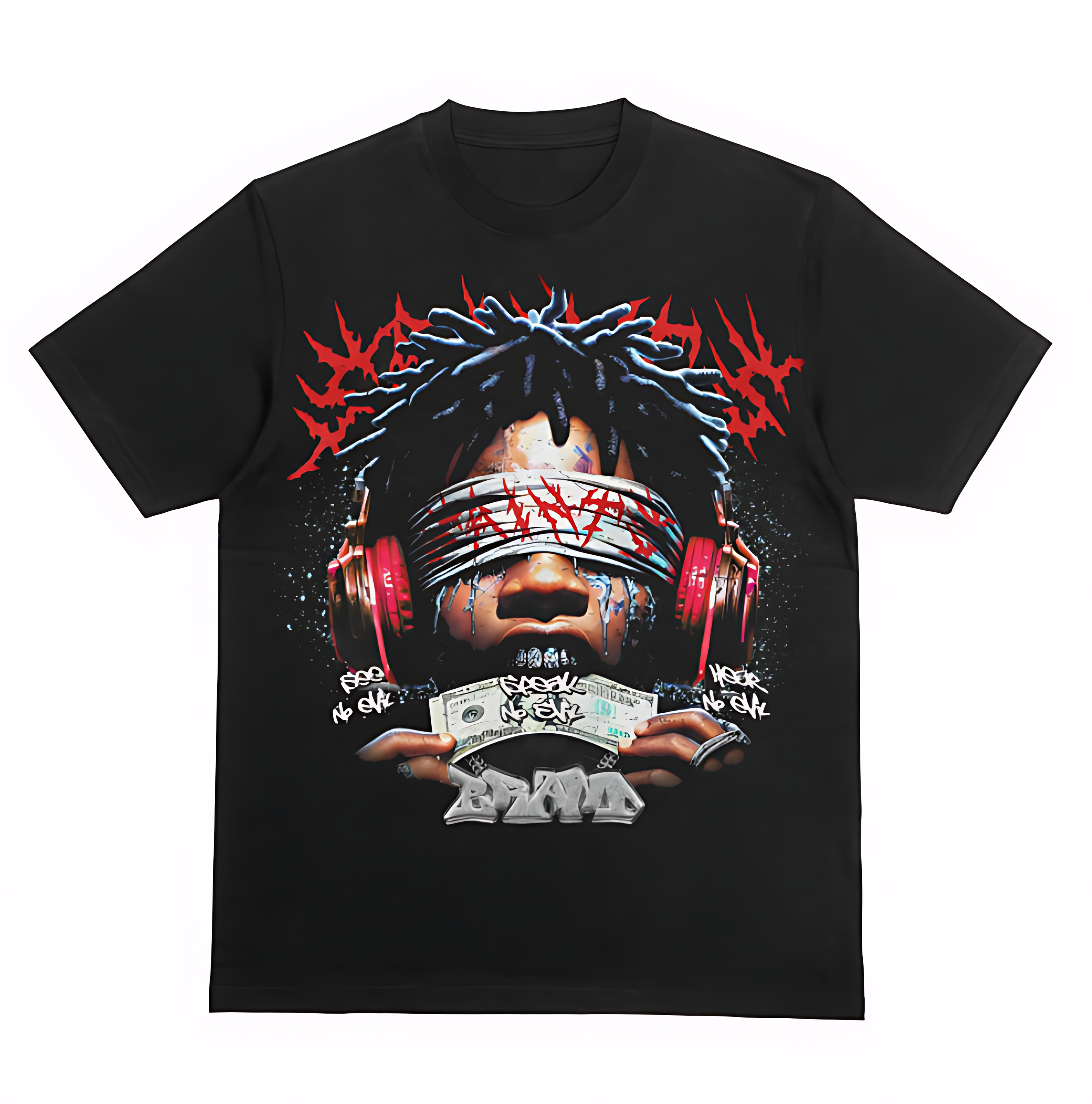 Saints Vision Graffiti Tee – Blindfold Rap Graphic Black Streetwear T-Shirt