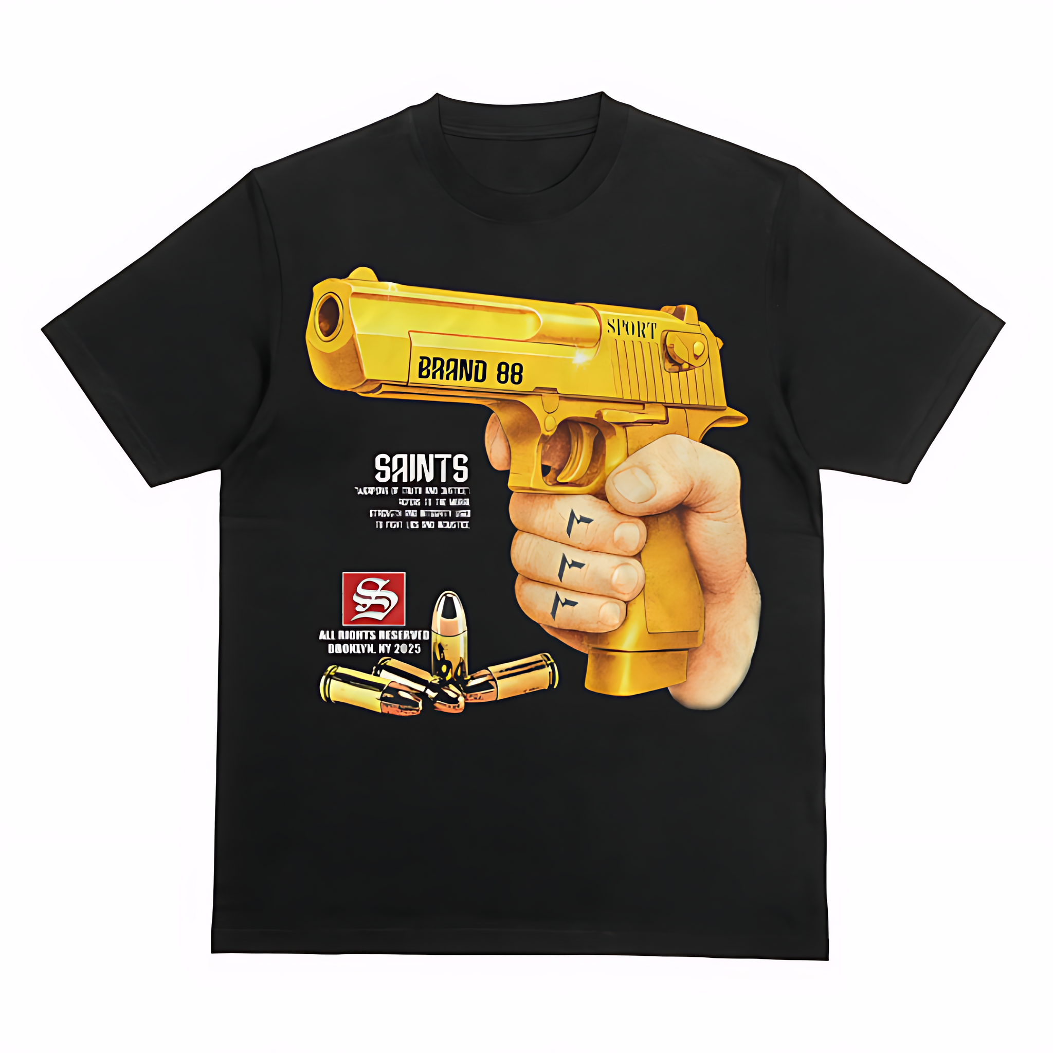 Saints Brand 88 Golden Gun Graphic Tee – Streetwear Black T-Shirt