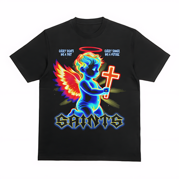 Saints Neon Angel Graphic Tee – Cross & Halo Streetwear Black T-Shirt