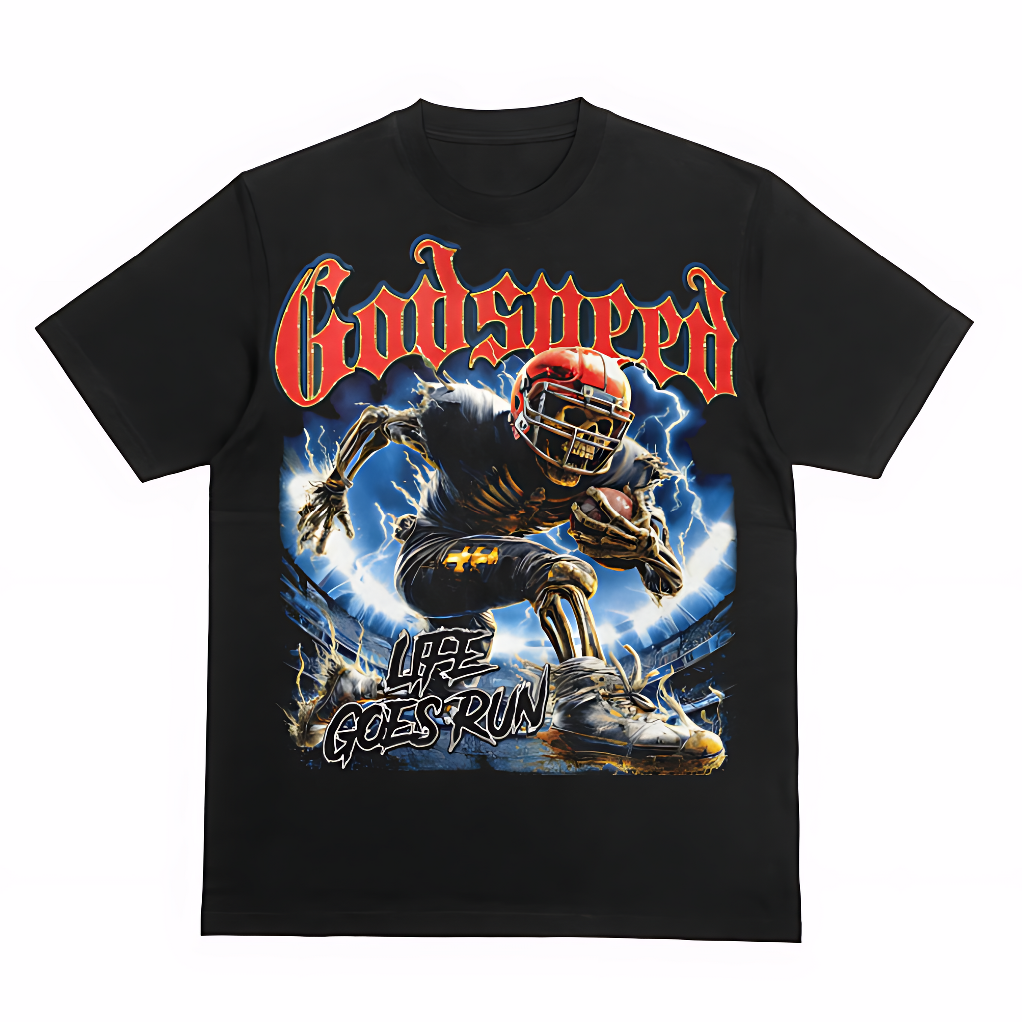 Godspeed Skeleton Football Graphic Tee – Life Goes Run Streetwear Black T-Shirt