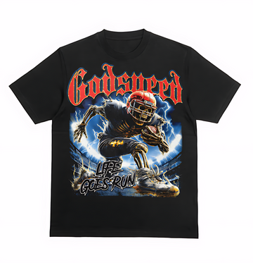 Godspeed Skeleton Football Graphic Tee – Life Goes Run Streetwear Black T-Shirt