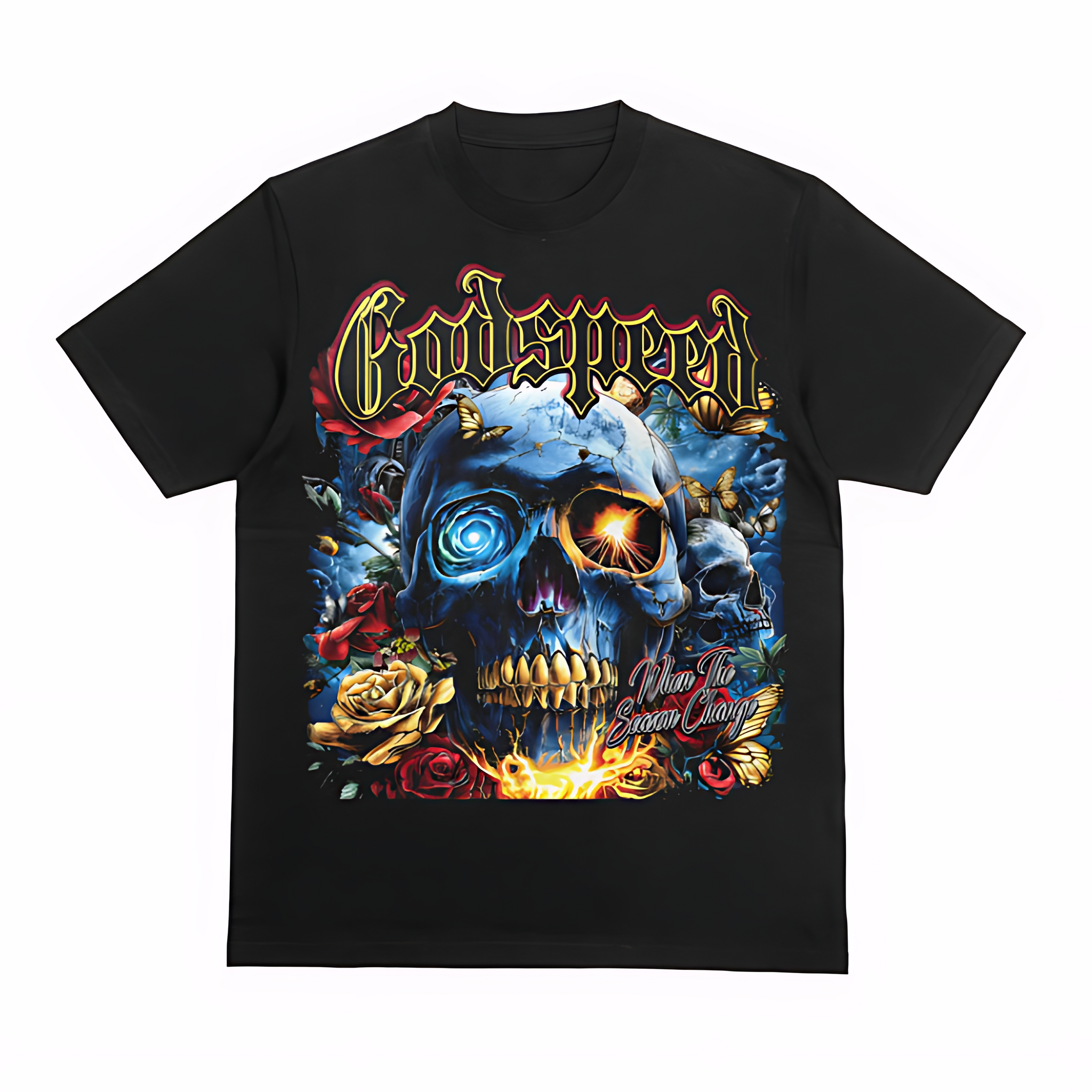 Godspeed Skull Roses Graphic Tee – Gothic Flame Streetwear Black T-Shirt
