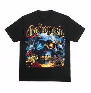 Godspeed Skull Roses Graphic Tee – Gothic Flame Streetwear Black T-Shirt