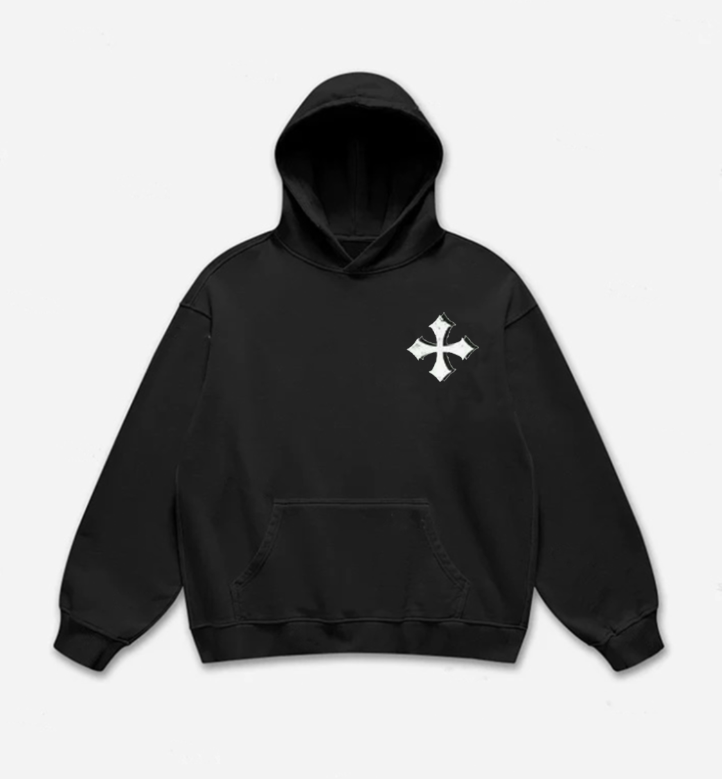 Men’s Gothic Cross Print Hoodie – Black Streetwear Oversized Pullover with Back Letter Design