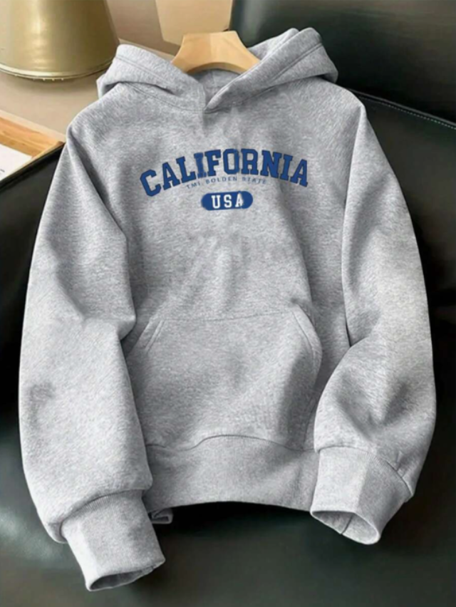 California Hoodie – Unisex Grey Pullover with USA Letter Graphic, Casual Streetwear