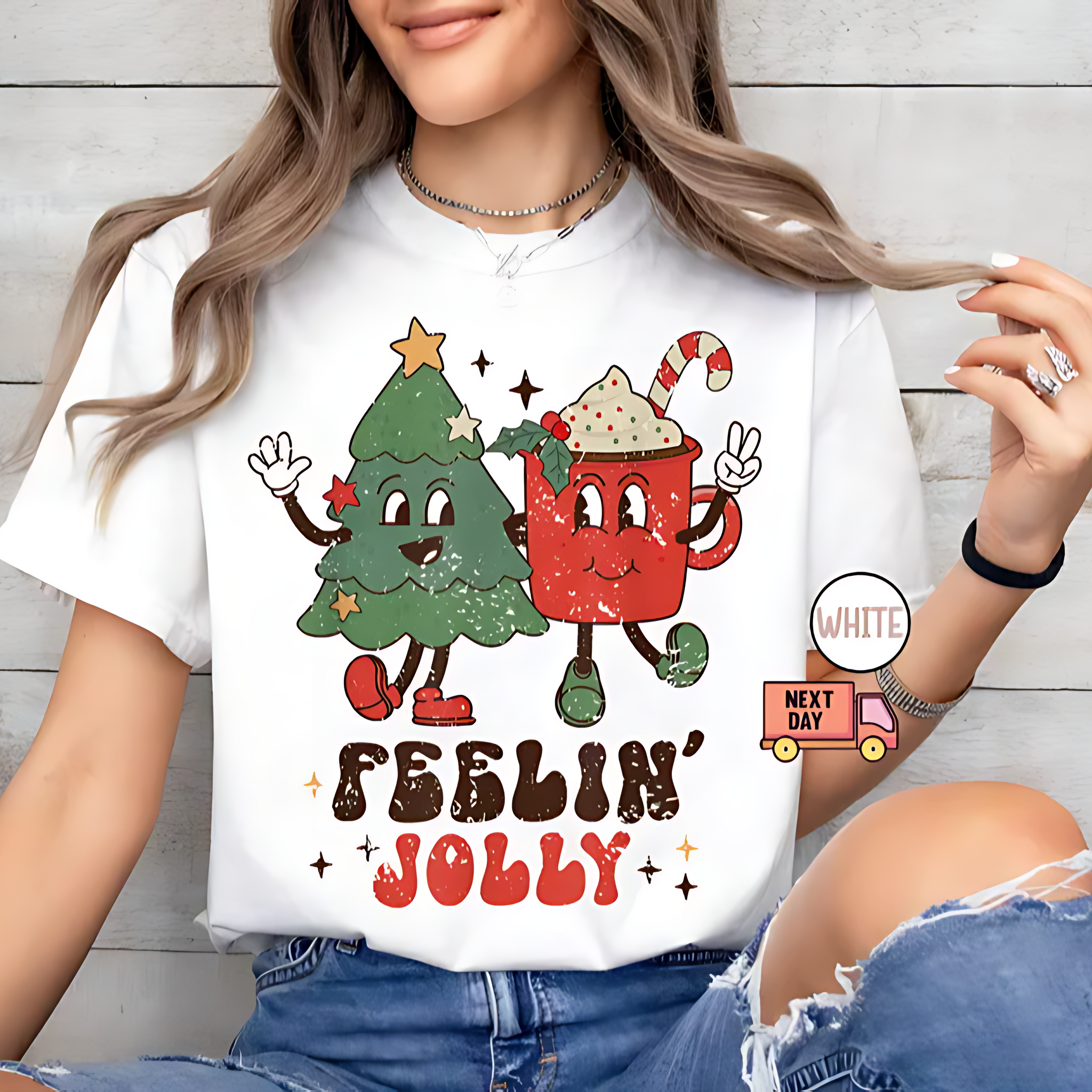 Feelin’ Jolly Christmas T-Shirt – Cute Holiday Graphic Tee with Festive Tree & Hot Cocoa Cup