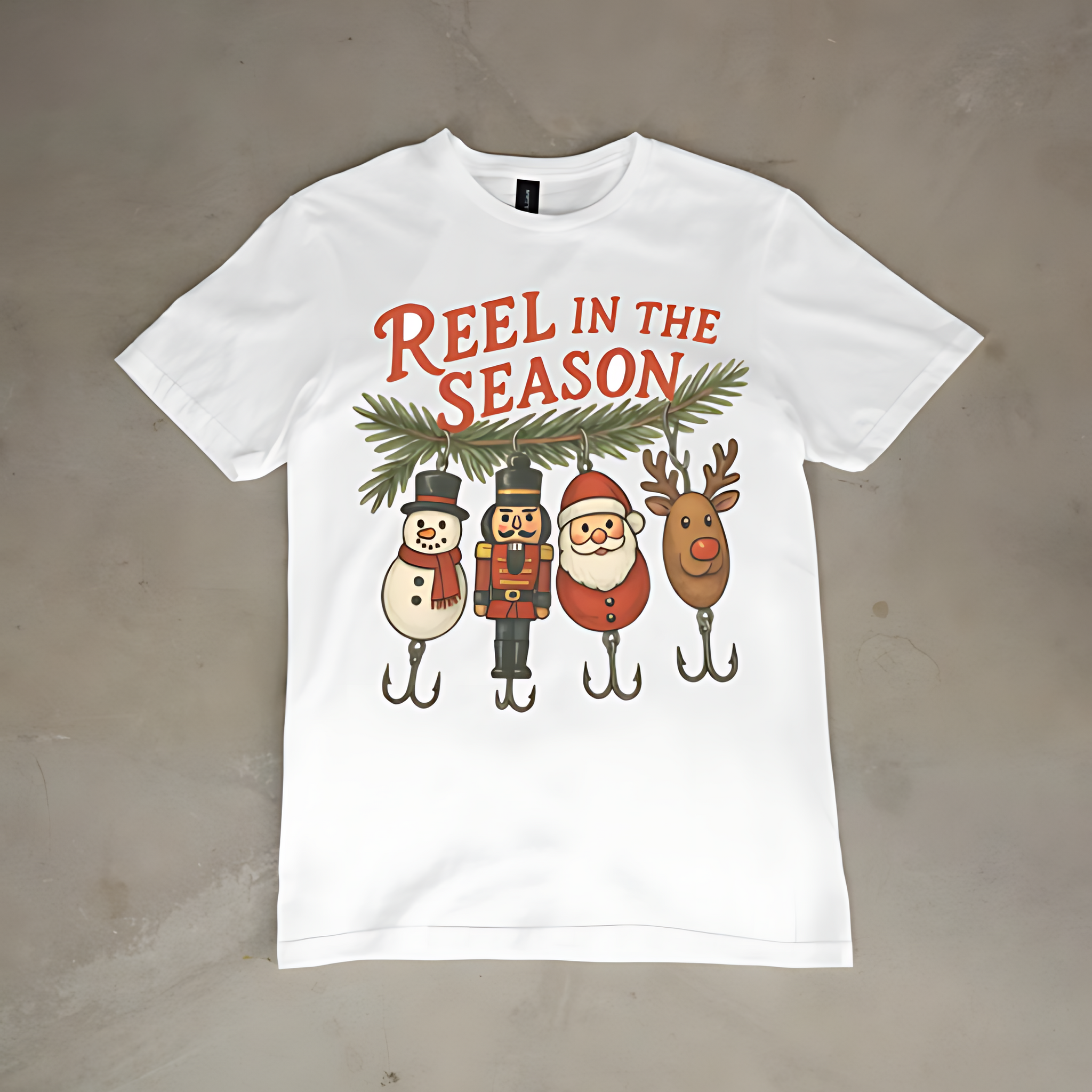 Reel in the Season Christmas T-Shirt – Funny Holiday Fishing Graphic Tee with Santa, Reindeer & Snowman