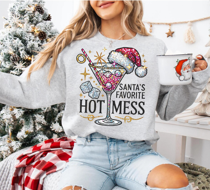 Funny Christmas Sweatshirt – “Santa’s Favorite Hot Mess” Holiday Pullover for Women & Men and Family