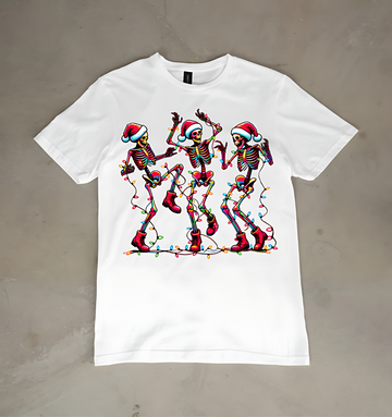 Dancing Skeleton Christmas T-Shirt – Funny Holiday Lights Graphic Tee