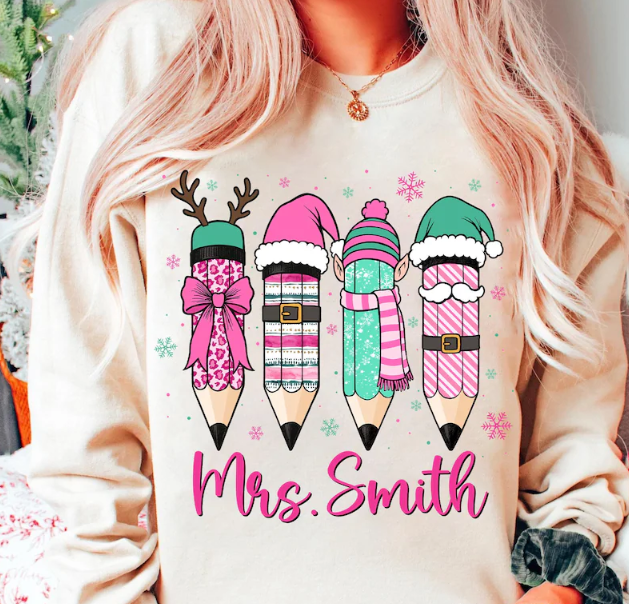 Personalized Teacher Christmas Sweatshirt – Festive Pencil Holiday Pullover