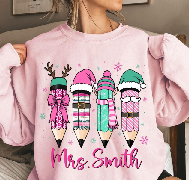 Personalized Teacher Christmas Sweatshirt – Festive Pencil Holiday Pullover