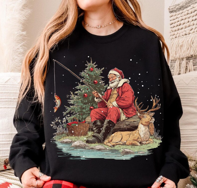 Santa Fishing Christmas Sweatshirt – Funny Holiday Pullover with Reindeer