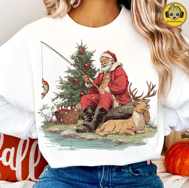 Santa Fishing Christmas Sweatshirt – Funny Holiday Pullover with Reindeer