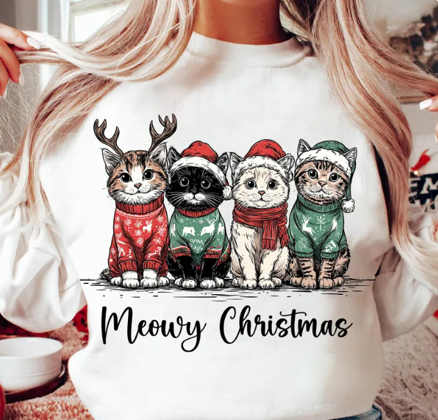 “Meowy Christmas” Cat Sweatshirt – Cute Holiday Pullover for Cat Lovers