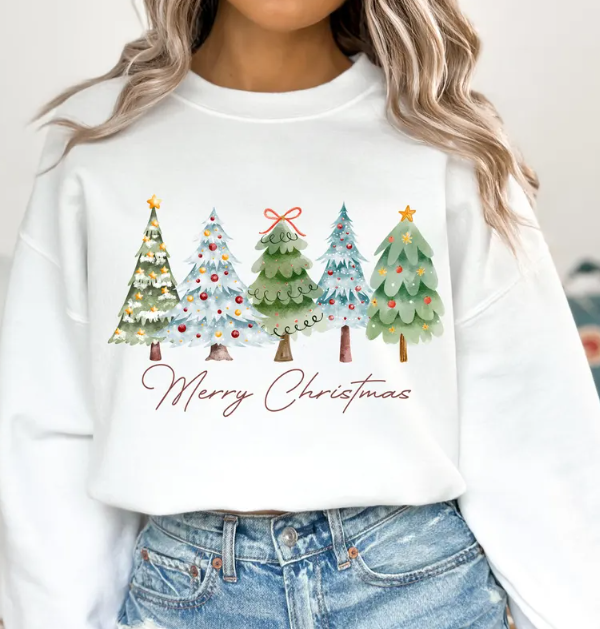 “Merry Christmas Trees” Sweatshirt – Cozy Holiday Pullover for Women