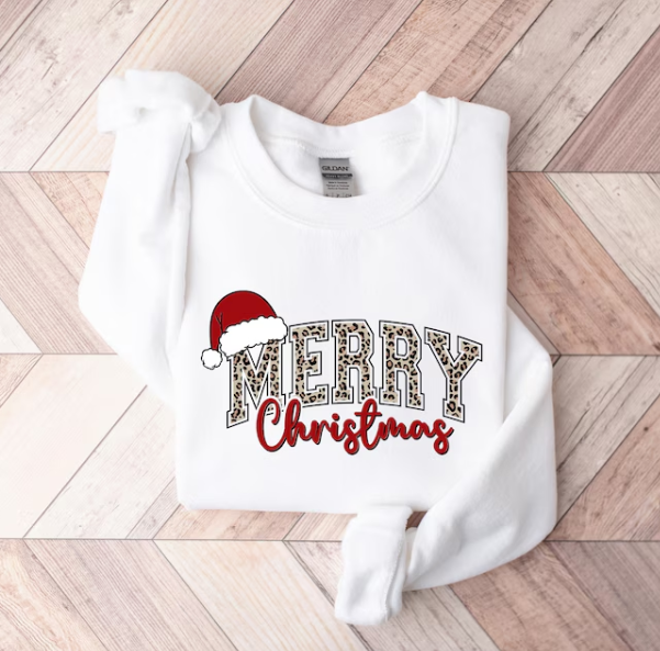 “Merry Christmas” Leopard Print Sweatshirt – Festive Holiday Pullover for Women and Men