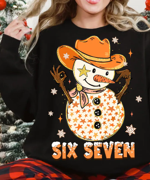 “Six Seven” Cowboy Snowman Christmas Sweatshirt – Fun Holiday Pullover for Women
