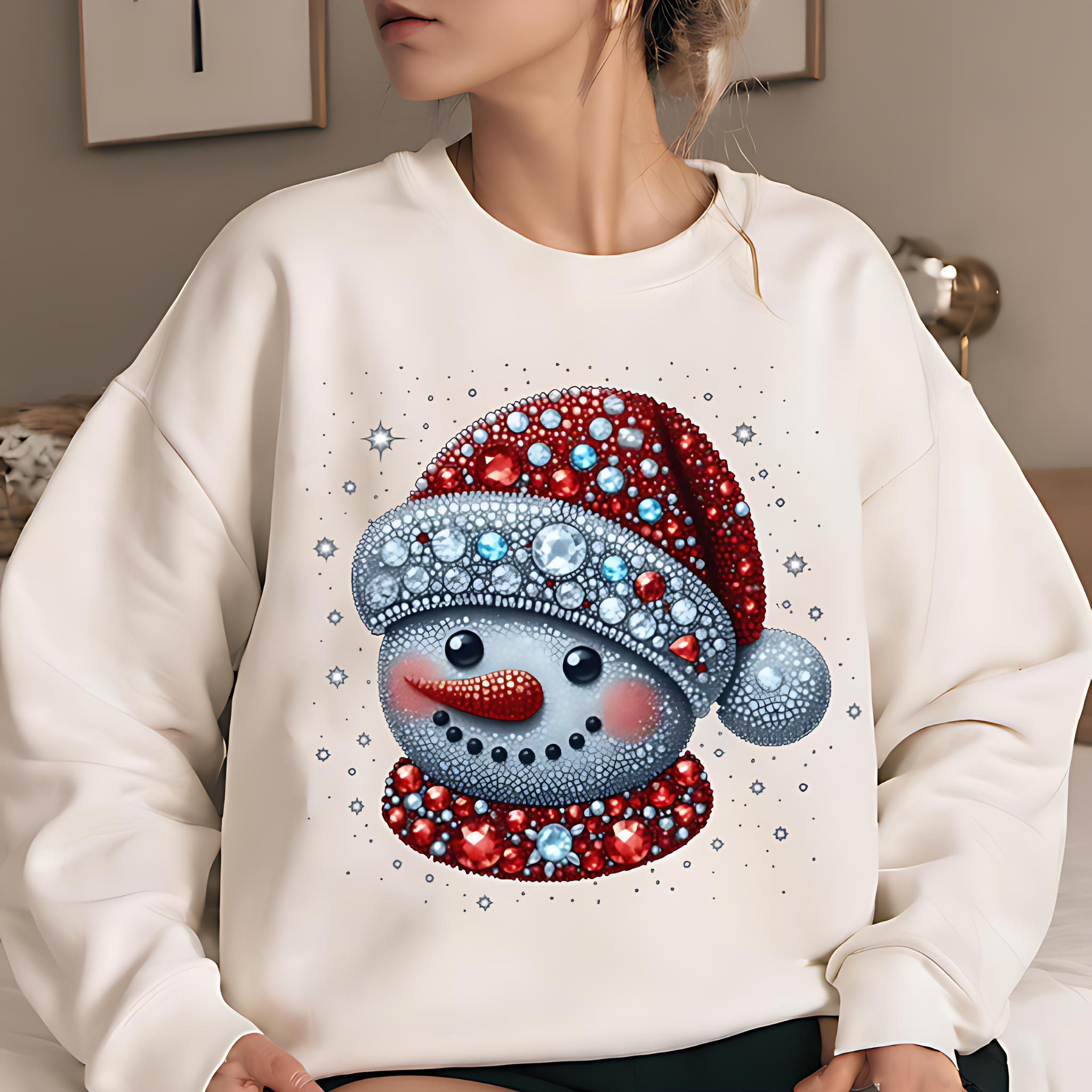 Snowman Rhinestone Christmas Sweatshirt – Sparkly Festive Holiday Pullover