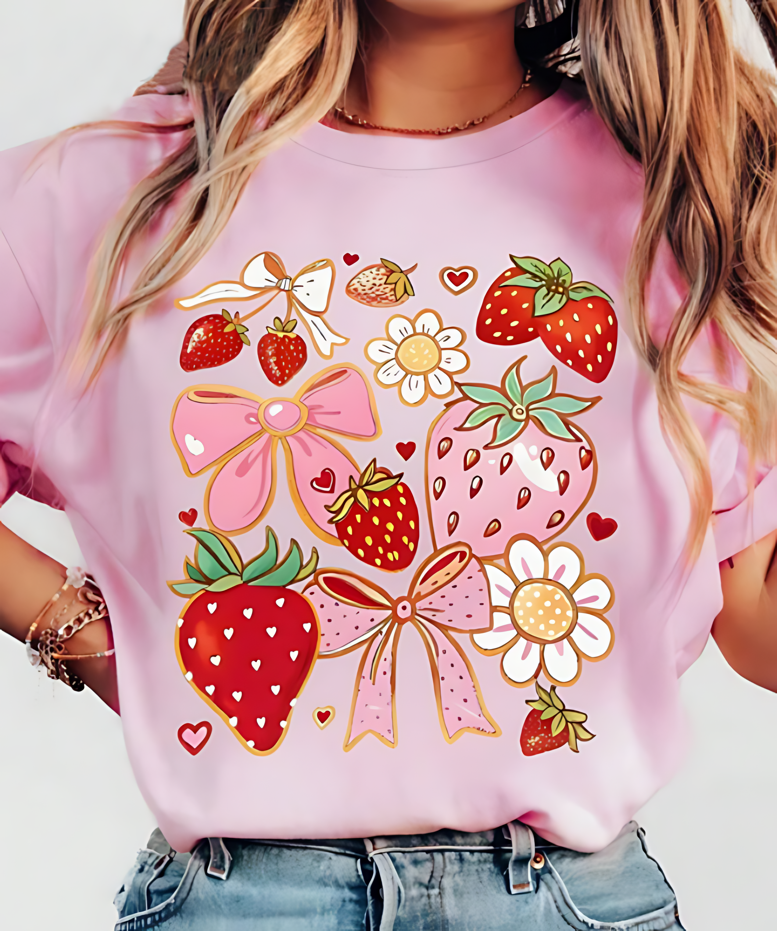 Strawberry & Bows T-Shirt – Cute Aesthetic Pink Graphic Tee for Women